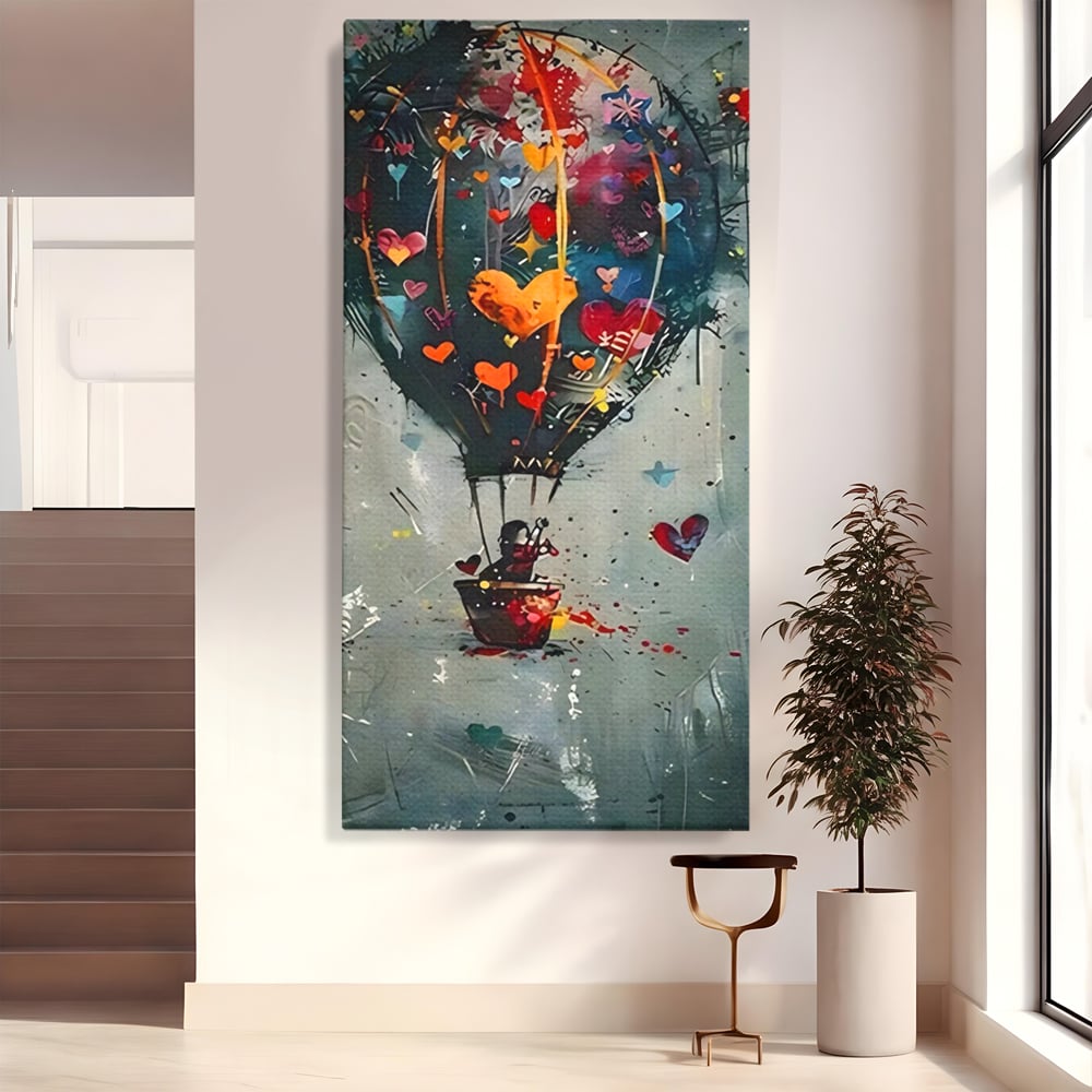 Tablou canvas cu tablou canvas cu balon cu aer cald si inimi, fara rama, pe sasiu de lemn